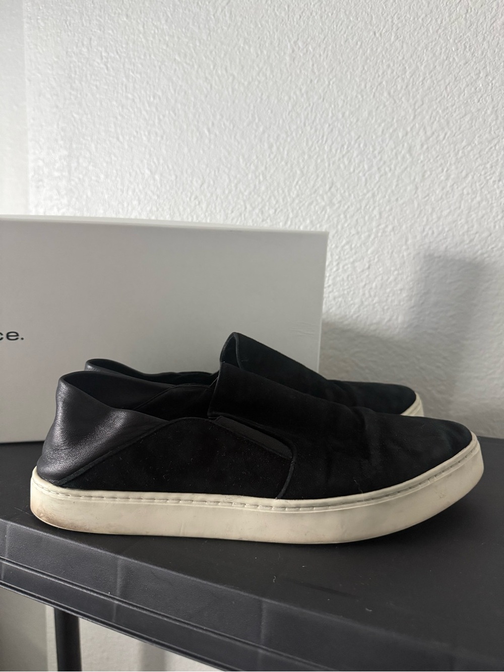 Vince Black Suede Slip-On Loafers with White Sole